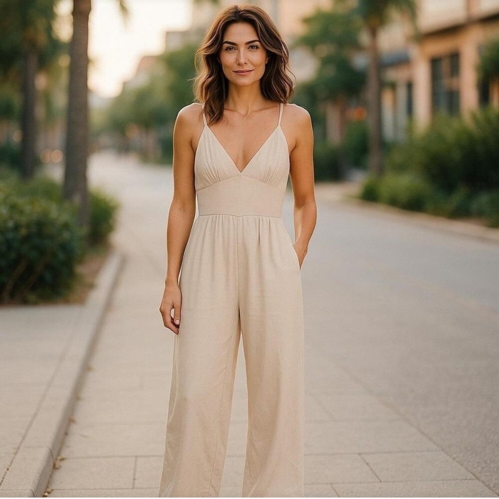 S Cream Oatmeal Linen Blend Jumpsuit Vacation Travel Quiet Luxury Minimal Chic
